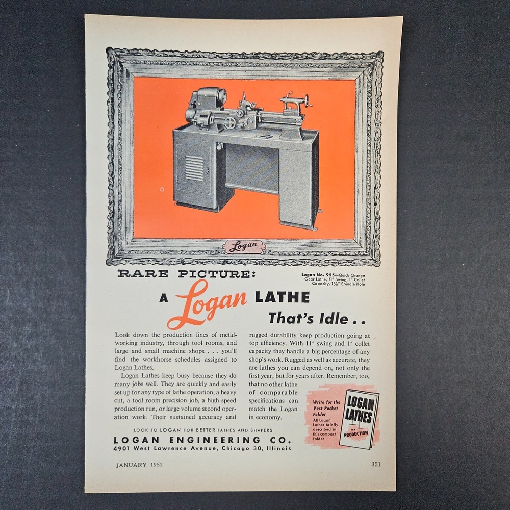 1952 Logan Engineering Lathe No 955 Vintage Print Ad Sharpener Chicago IL Shop